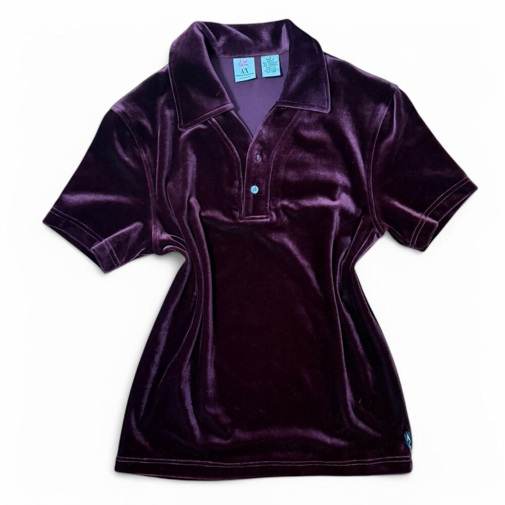 Burgundy velvet Armani Exchange polo shirt women size small. Authentic Armani.